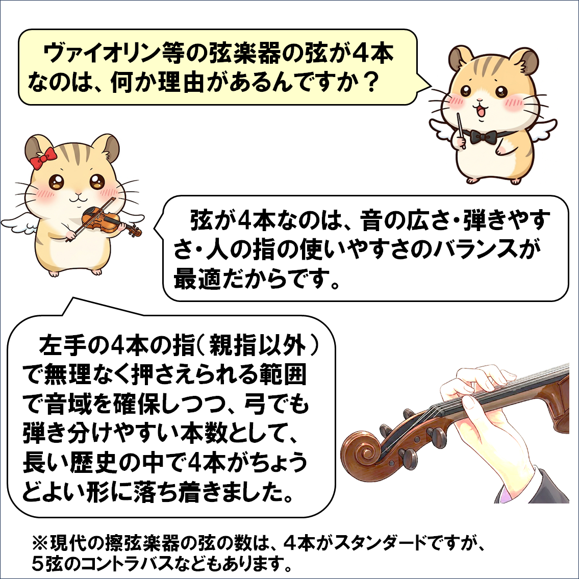 楽器解説４コマ漫画、ヴァイオリンなどの弦は何故４本？